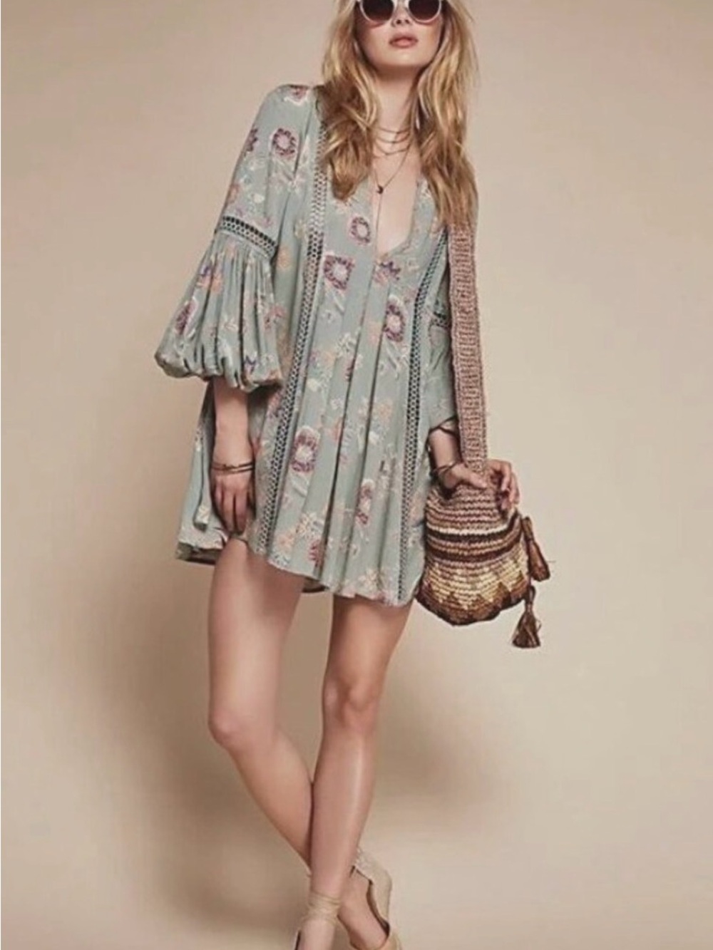 Free People Bohemian Sage Floral Mini Dress